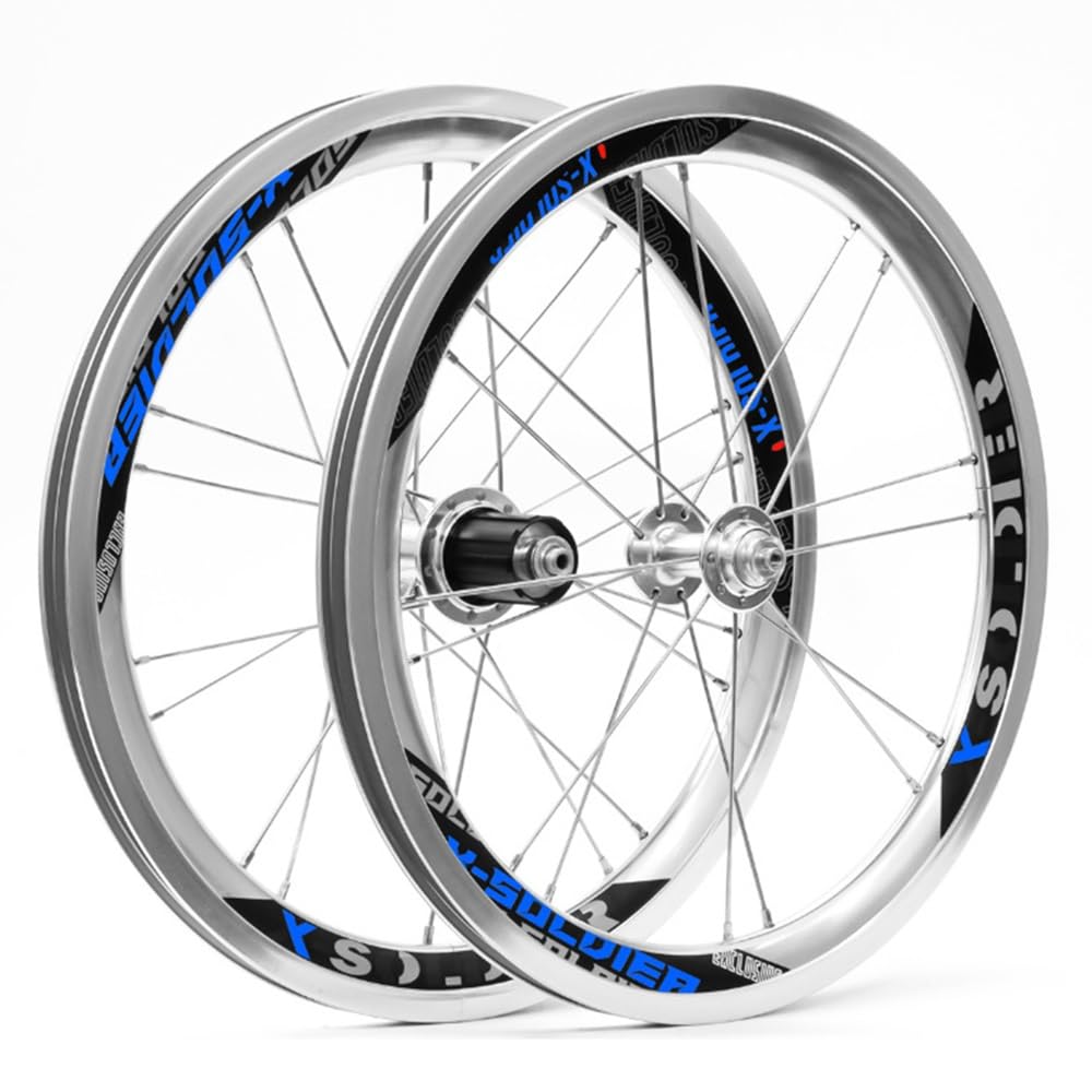 Set Ruote Bici Pieghevoli 349 Ruote BMX Freno V Sgancio Rapido Cerchi Lega di Alluminio Leggera Mozzo Cuscinetti Sigillati 8 9 10 11 velocità Cassetta (Color : Silver-Blue, Size : 349)