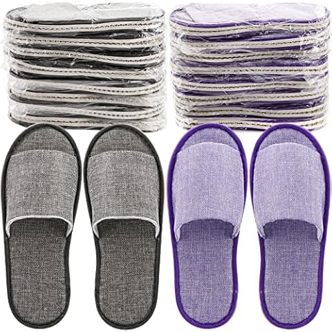 Frcctre 16 Pairs Disposable Slippers, Cotton Linen Open Toe Spa Slippers for Women and Men, Breathable Non-Slip Disposable Slippers for Travel Guests Hotel Home, Gray and Purple Cover