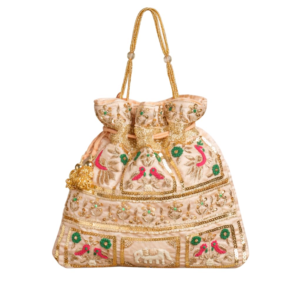 Amayra Luxe Handcrafted Embroidered Wedding Potli Bag with Elephant & Peacock Motifs β Drawstring Ethnic Purse for Women (Gold & Multicolor)