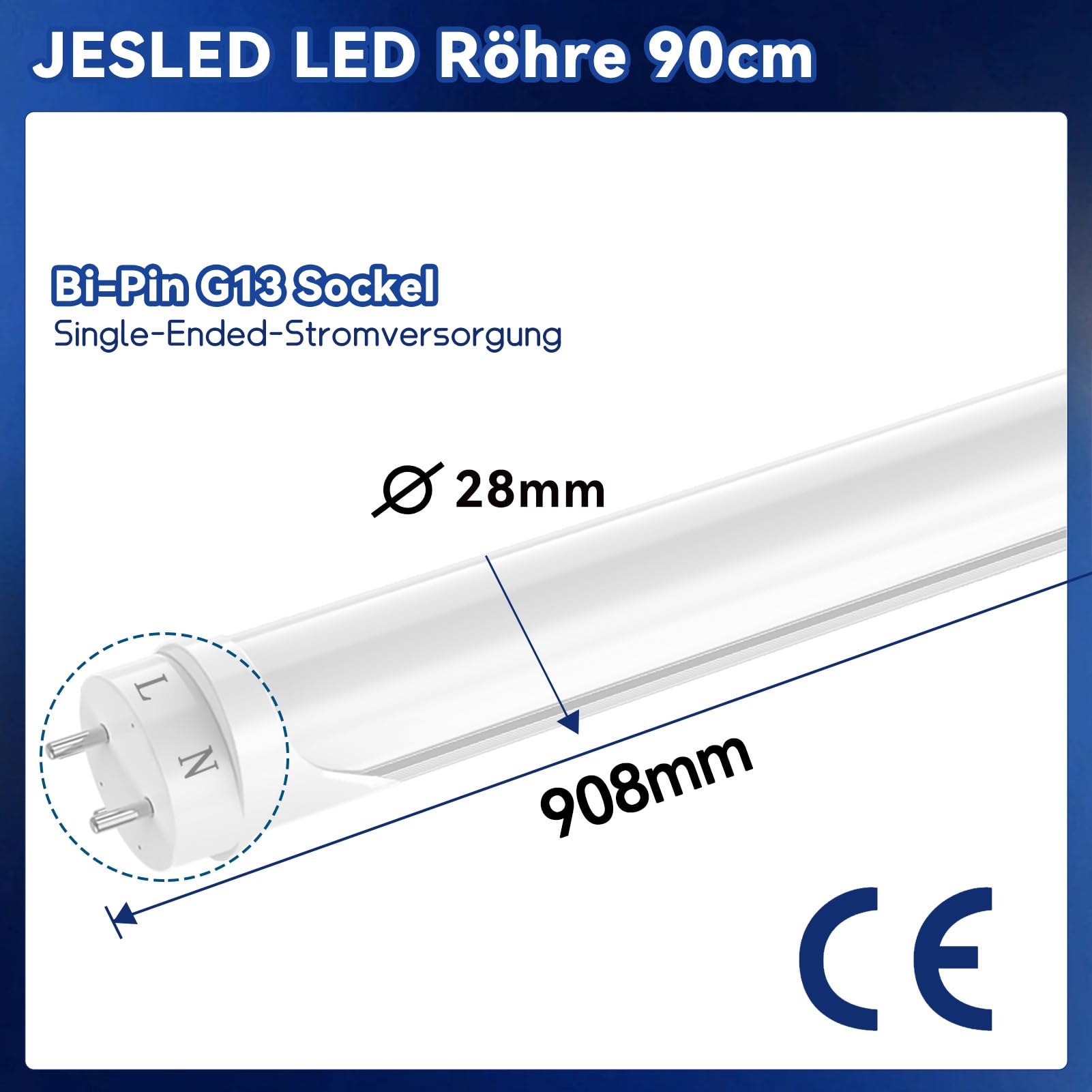 JESLED T8 G13 LED-Röhre 90 cm Flimmerfrei - 12W 1980 Lumen (165lm/W), Neutralweiß 4000K, inkl. Starter - Bürobeleuchtung Röhrenlampe, 4er Set