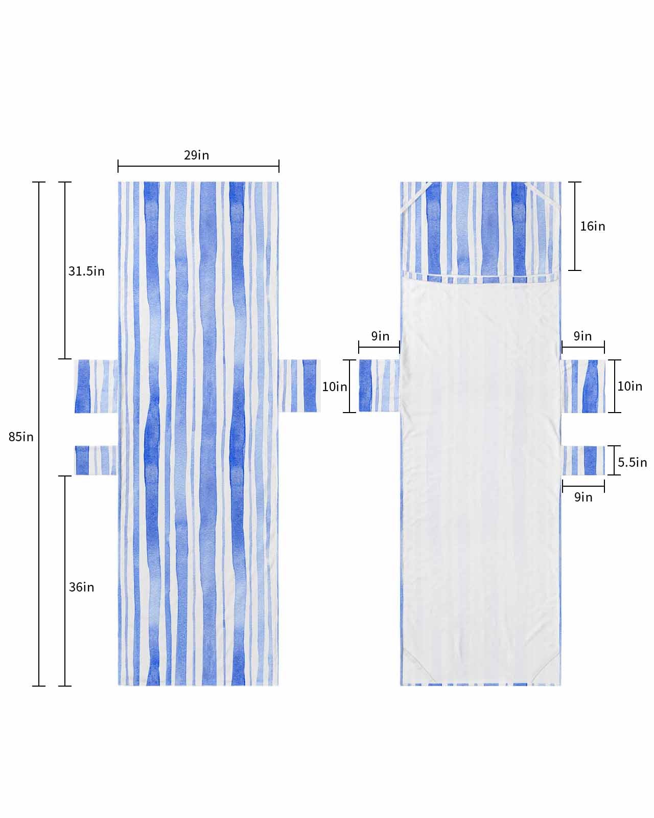 Blue Striped Beach Lounge Chair Towel Cover, Soft Chaise Lounge Towel with Side Pockets Patio Pool Chairs Cover for Beach/Pool Sunbathing 29x85 Watercolor Blue White Stripes