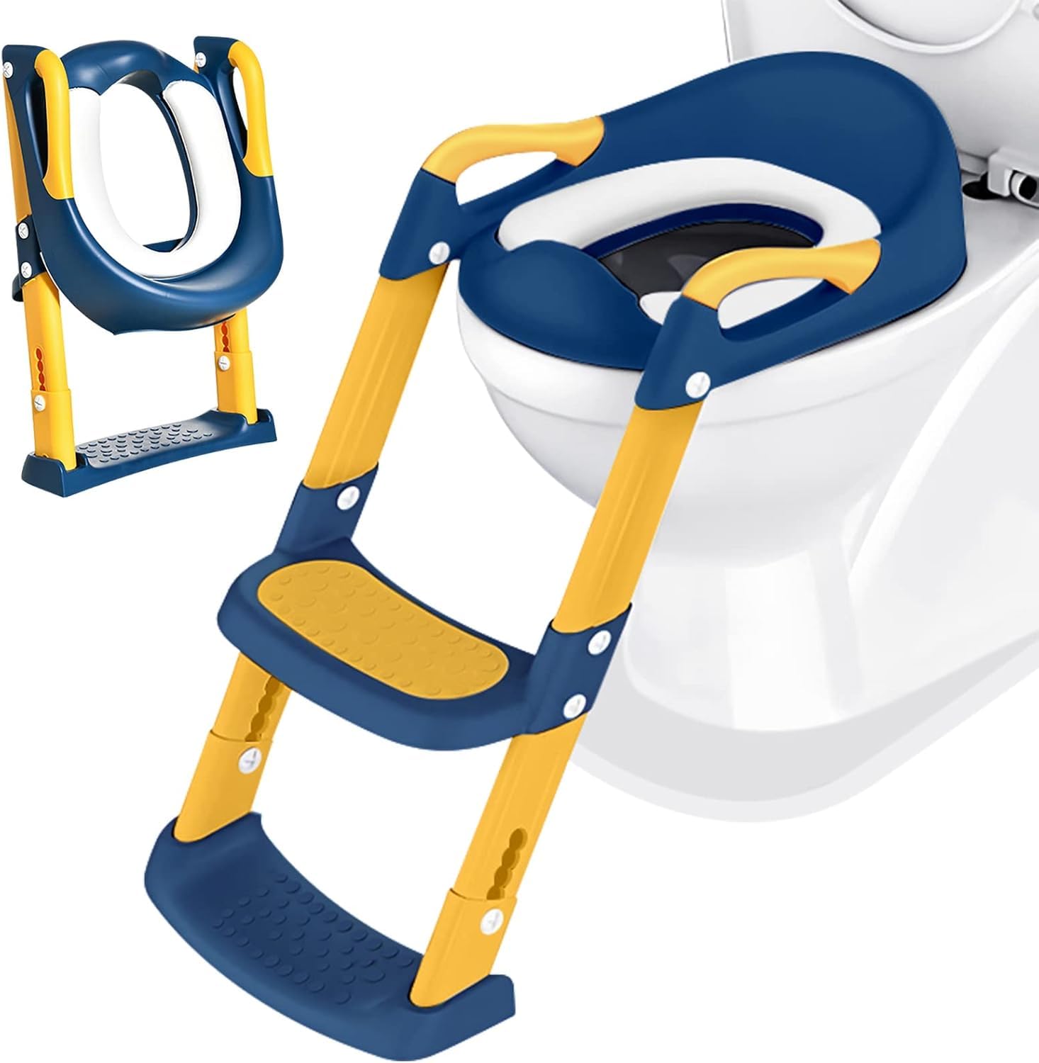 Potty Training Toilet Seat Toddler: Kids Potty Training Seat with Adjustable Height Non-Slip Step Ladder - Foldable Portable Toilet Trainer Chair with Guard Handle Soft Cushion for Baby Boys Girl Blue