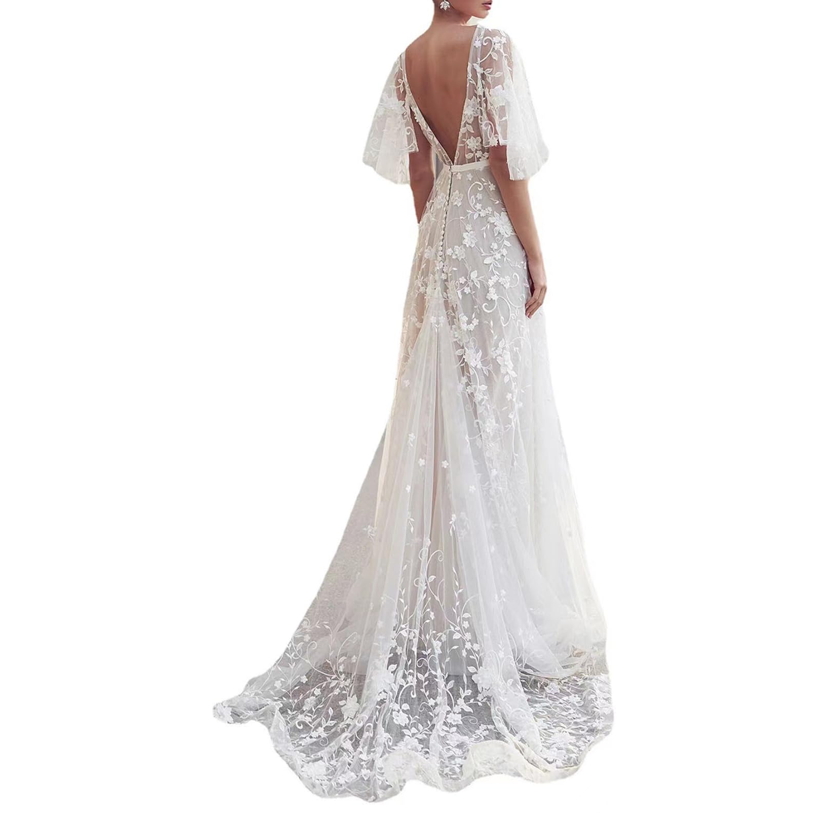 Abito da sposa con maniche svasate in pizzo, scollo a V profondo aperto sul retro Boho abito da ballo da sposa abito da spiaggia
