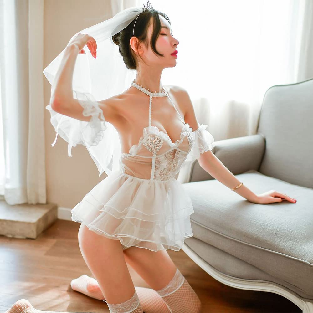 Cosplay seksowna suknia ślubna dla panny młodej szyfonowa bielizna siatkowa, biały, rozmiar uniwersalny