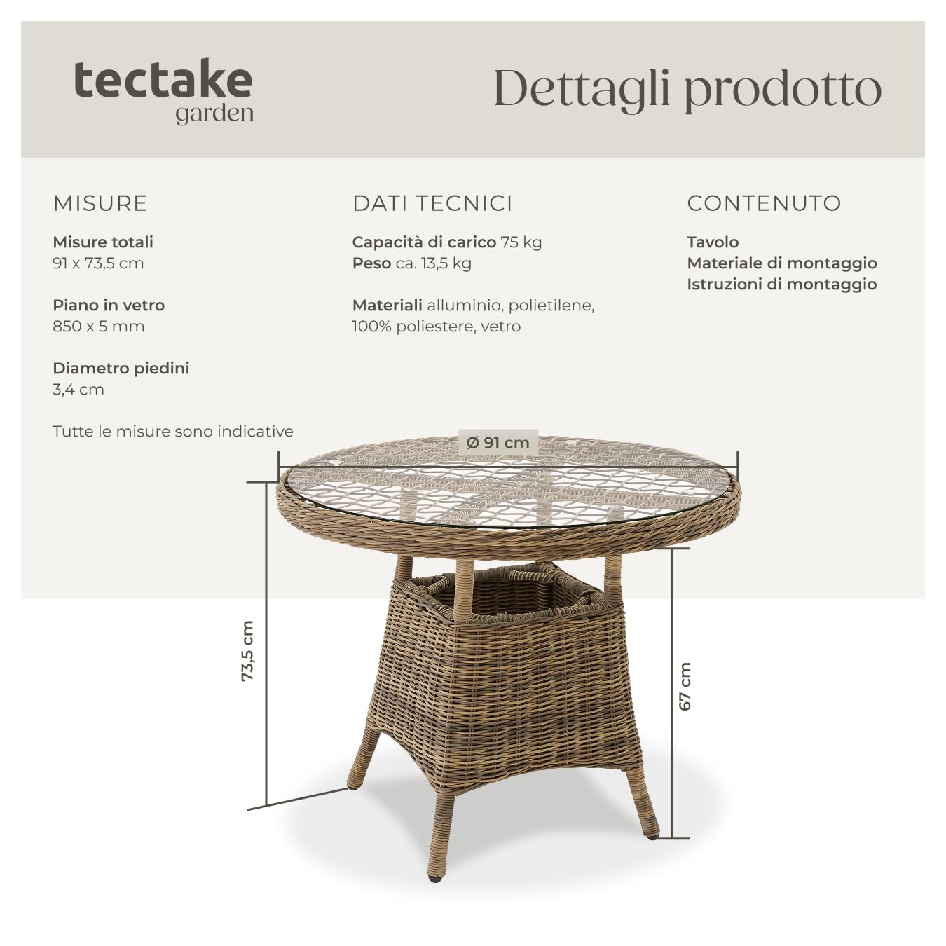 tectake®, Grande Tavolo da Giardino Rattan Naturale, Telaio in Alluminio, Resistente alle Intemperie, Tavolo Rotondo, Arredo Giardino, Ideale per Terrazzo e Esterno, Ø 91 cm - Naturale