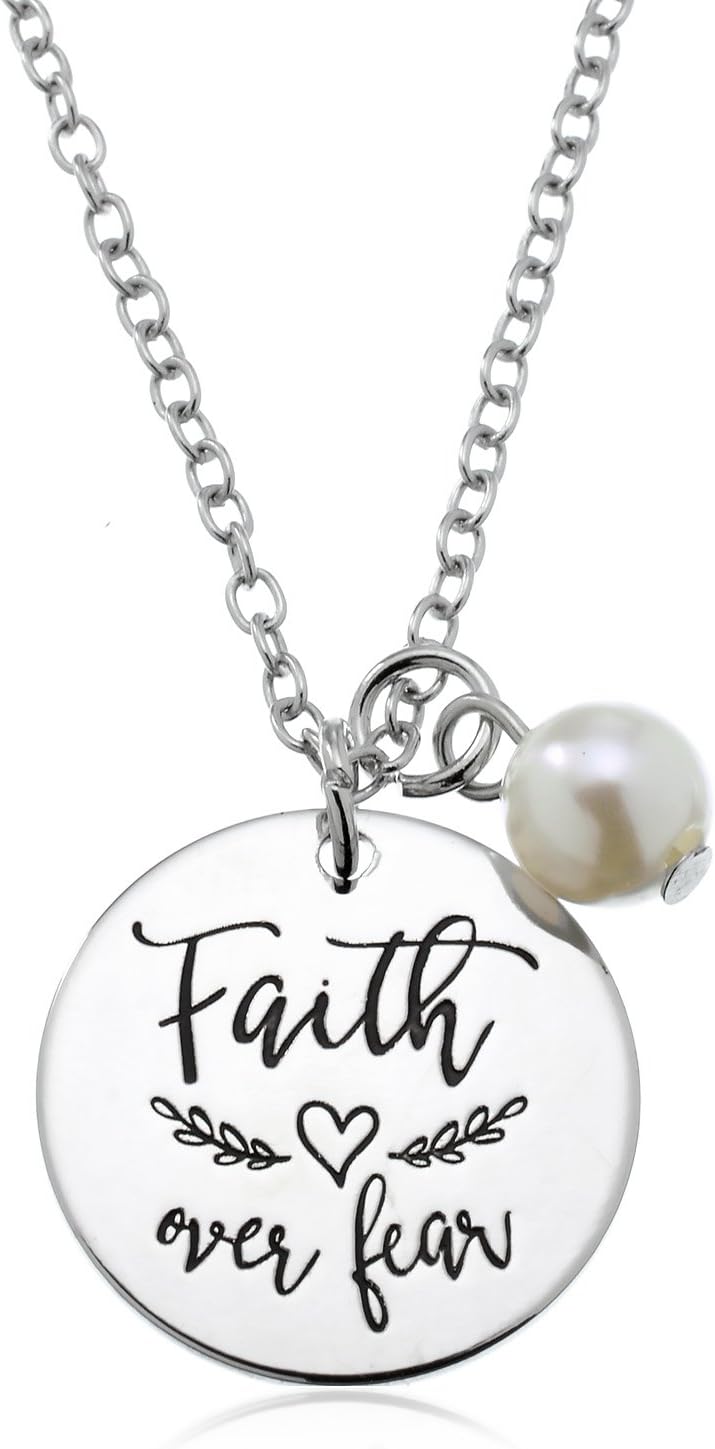 PammyJFaith Over Fear Inspirational Charm Necklace, 18 inches + 2 inch ext