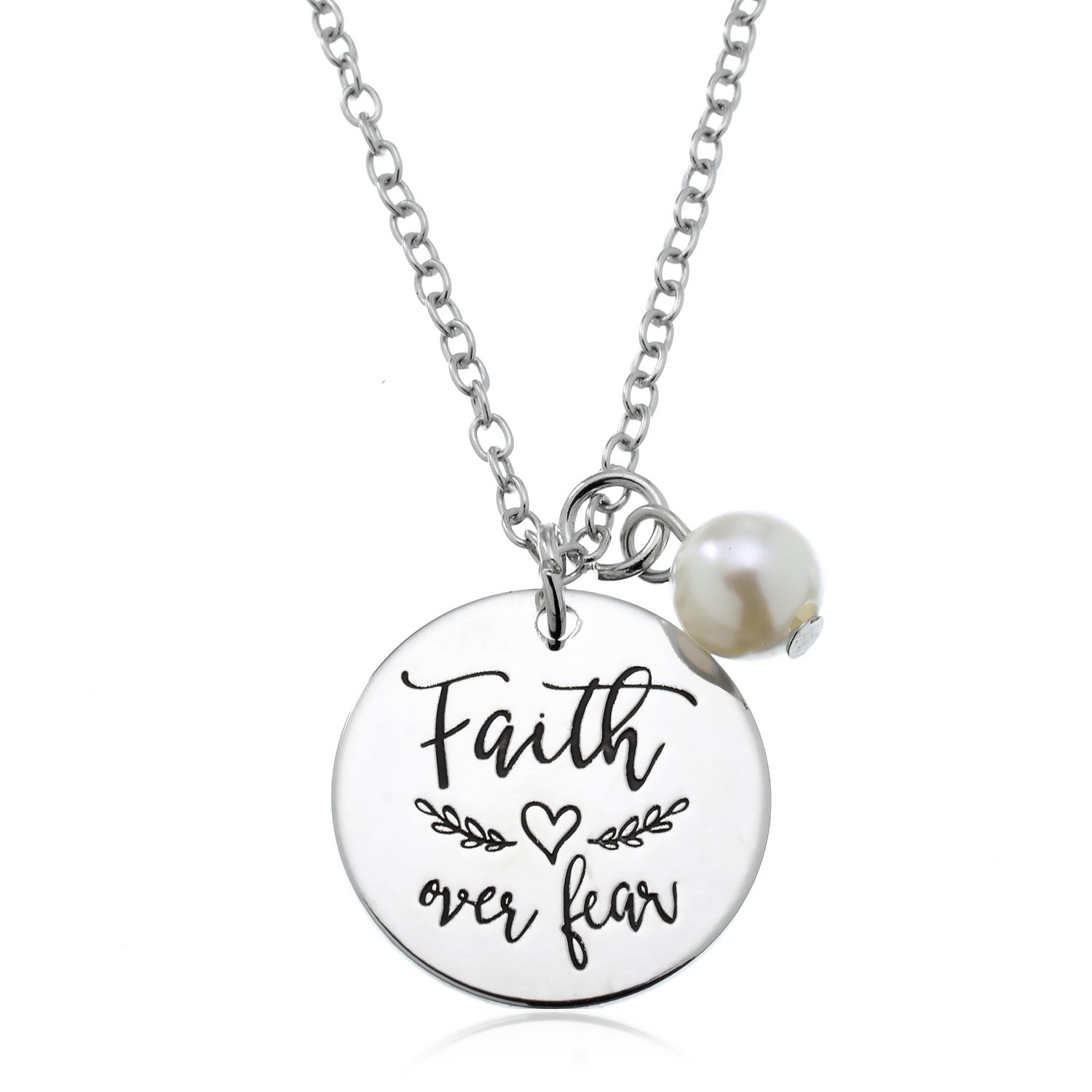 PammyJFaith Over Fear Inspirational Charm Necklace, 18 inches + 2 inch ext