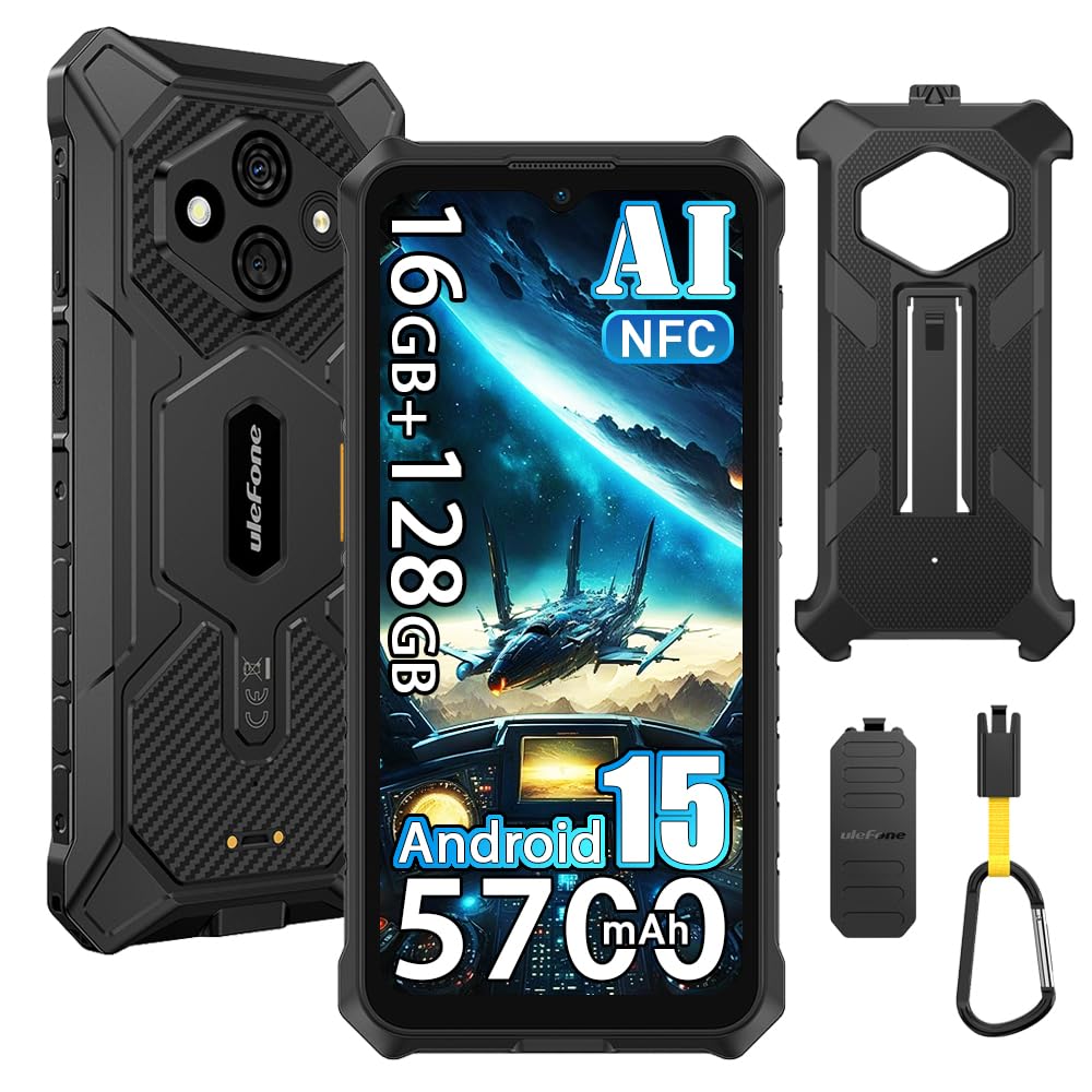 Ulefone RugKing 3 Pro Android 15 Rugged Smartphone 4G,16GB+128GB/TF 2TB, 6.56" HD+120Hz, 5700mAh Telefono Indistruttibile, 48MP+8MP, 120LM Super Torcia, 3-Slots/IP68/NFC/GPS/OTG/Con custodia,Nero