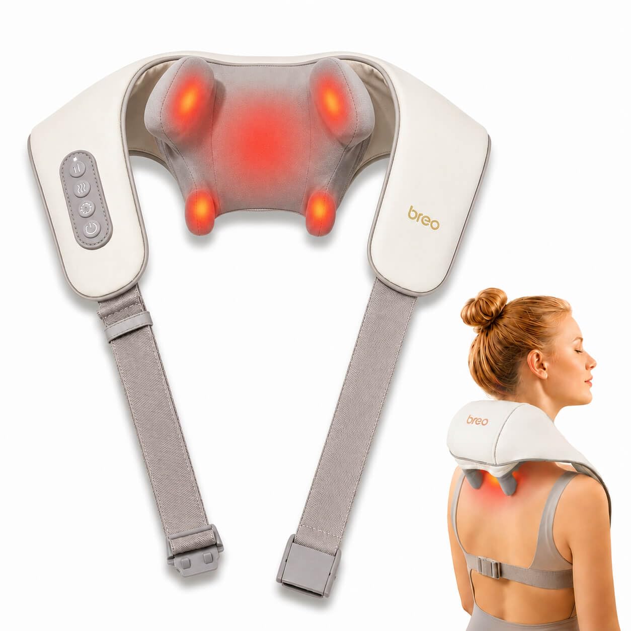Breo N5 Mini masseur de cou avec chaleur, coussin de massage électrique pour le cou et les épaules, relaxation musculaire, pétrissage shiatsu pour soulager la douleur des tissus profonds à la maison