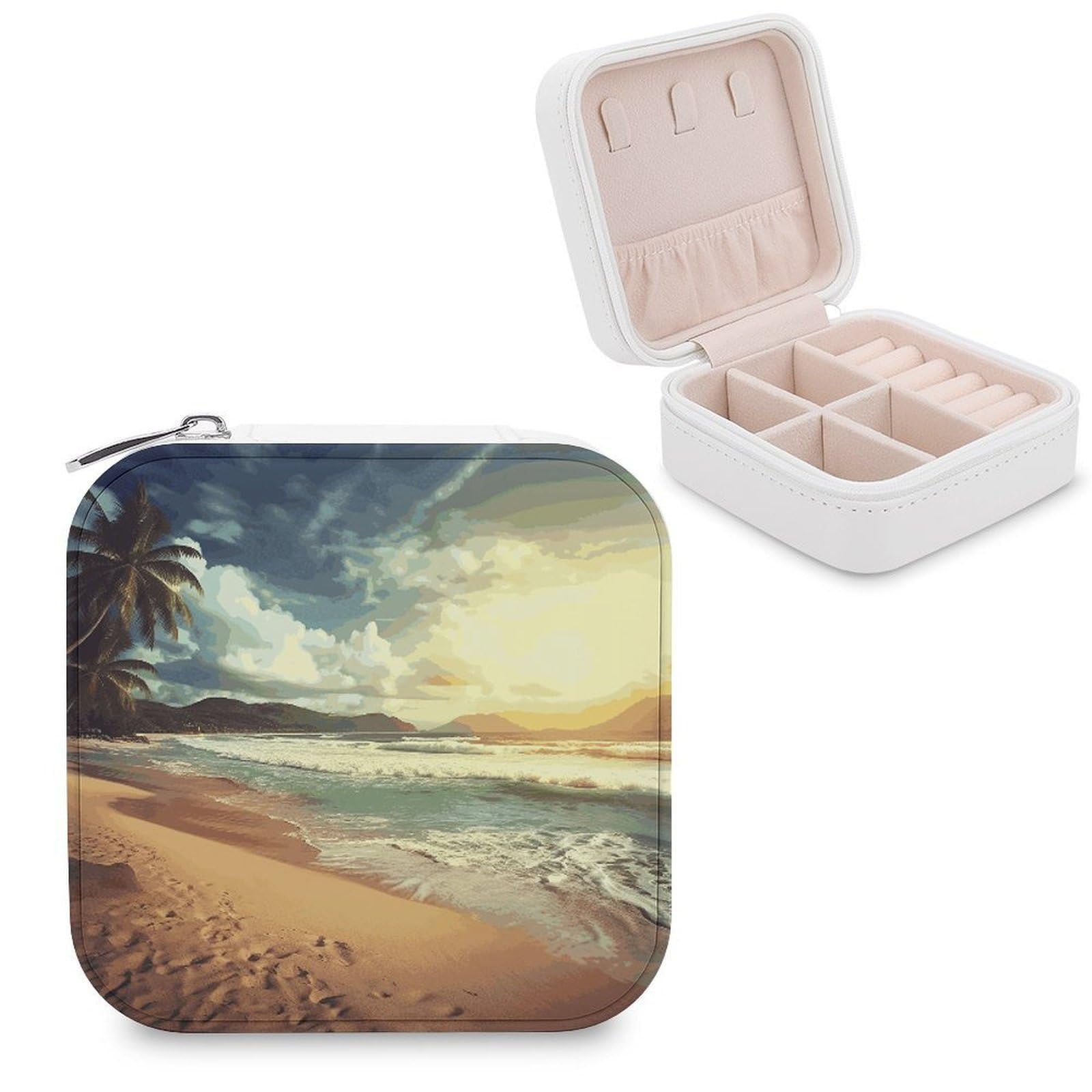 MUSM Sunset on The Beach Travel Jewelry Case Personalized PU Leather Jewelry Boxes for Women Small Portable Jewelry Organizer Box Cute Trinket Box for Necklaces Rings Earrings & Gifts