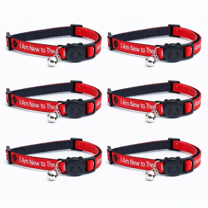 Worded Cat Collars – Please Do Not Feed Me, I Am Microchipped | Safe Quick Release Breakaway Buckle | Zacal Cat Collars (Pack of 6, Red, I Am New To The Area)