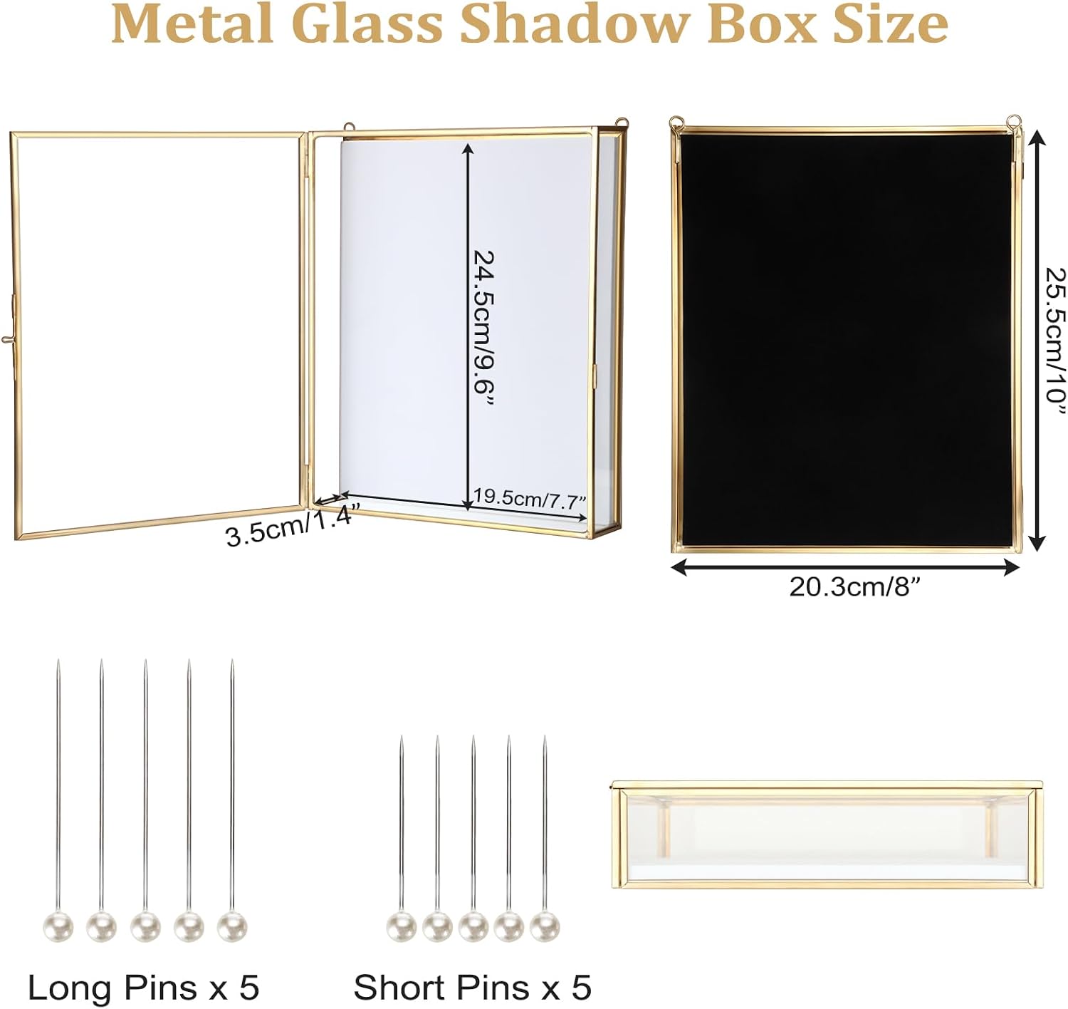 ELLDOO Shadow Box Frame 8x10inch - Glass Display Case with White Foam Backplane and Pins for Tabletop and Wall Display, Gold Metal Keepsakes Memory Box for Wedding Bouquet Memorabilia Medals Photos