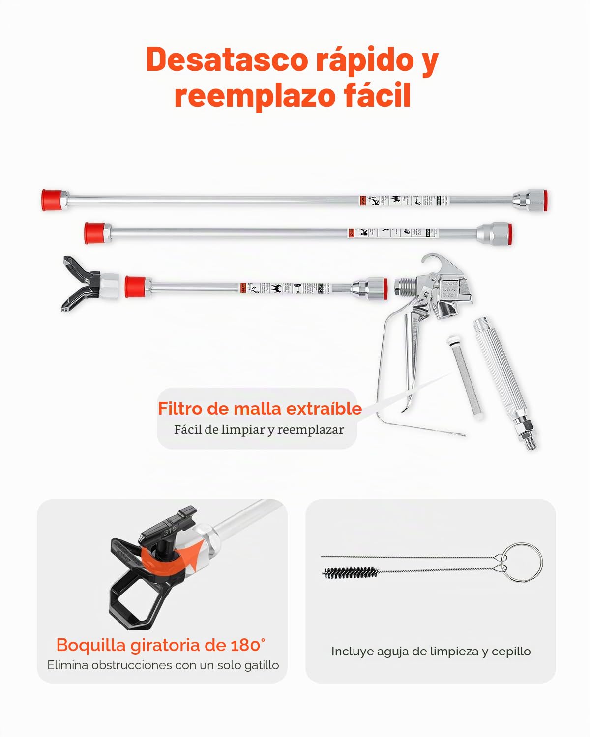 VEVOR Kit de Manguera y Pistola Pulverizadora de Pintura sin Aire de 3600 PSI con 5 Puntas, Kit de Pistola Pulverizadora Sin Aire con Junta Giratoria con Filtros, Manguera y Varillas de Extensión