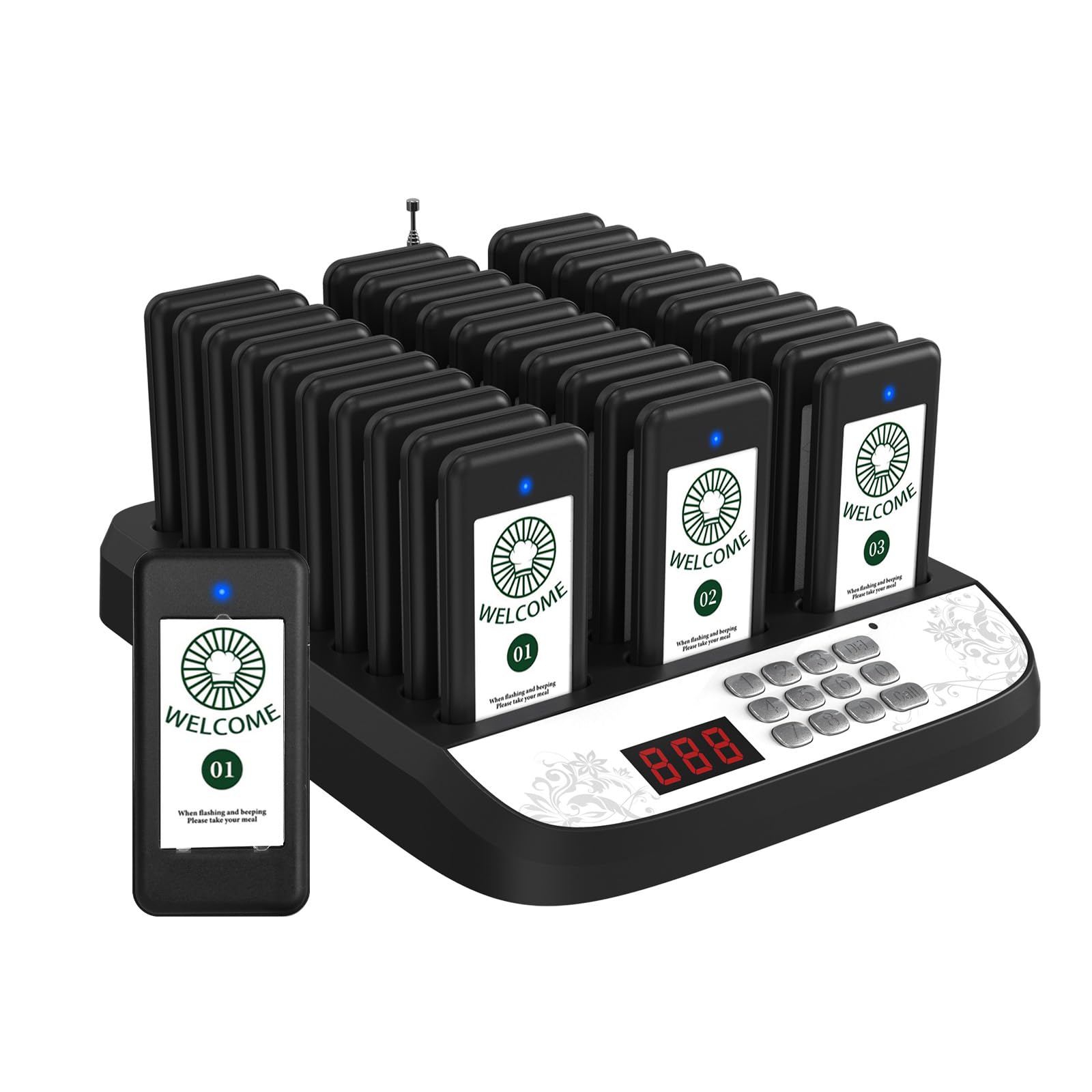 Sistema di chiamata wireless della coda del sistema di ricerca del ristorante 30 cicalini | Vibrazione, lampeggiante e cicalino, lungo 500 m, cercapersone per ristoranti, cibo, camion, chiesa, asilo nido, bar