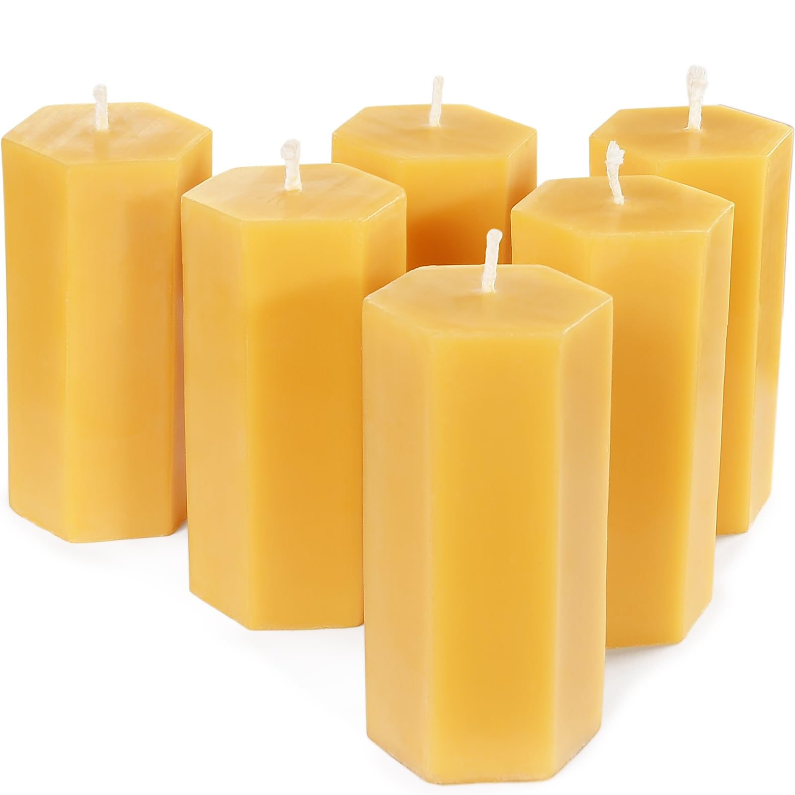 Paquete de 6 velas amarillas a granel, cera de abeja pura orgánica natural, forma hexagonal, 2 pulgadas de diámetro por 4 pulgadas de alto
