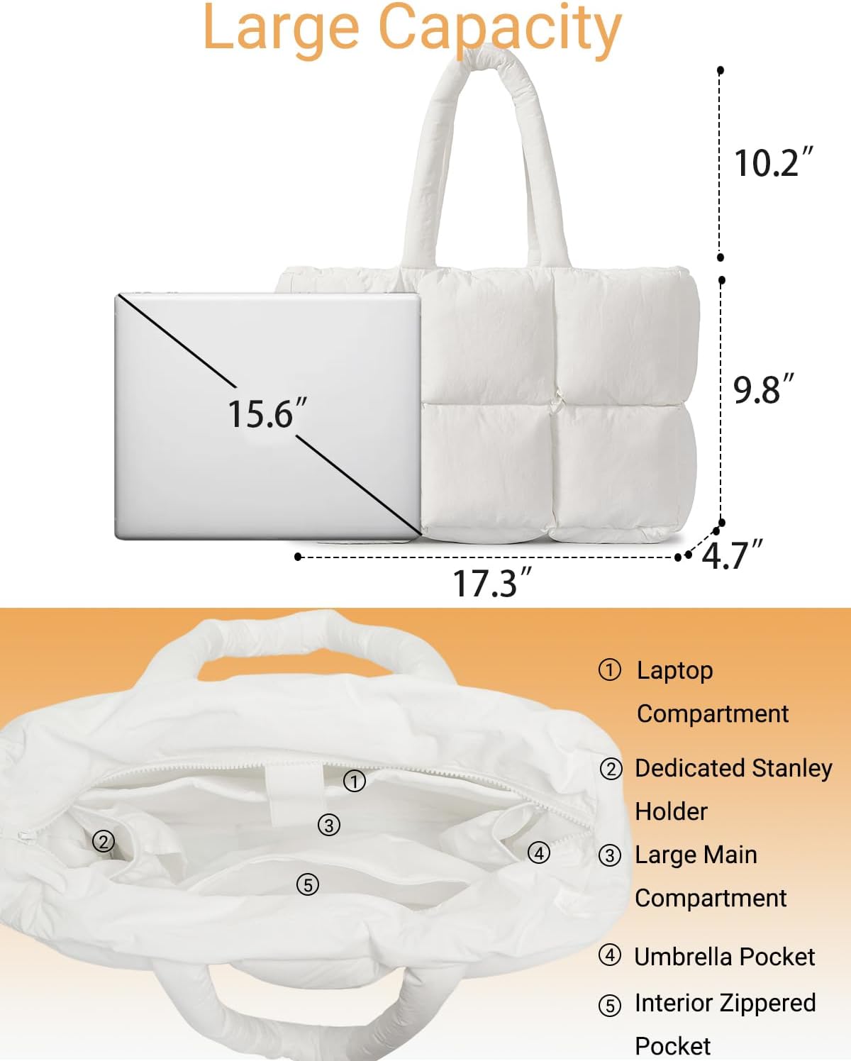 Herald Puffer Tote Bag for Women, Large Quilted Puffy Handbag Lightweight Satchel Purse with Cup Holder & Compartment - Image 5