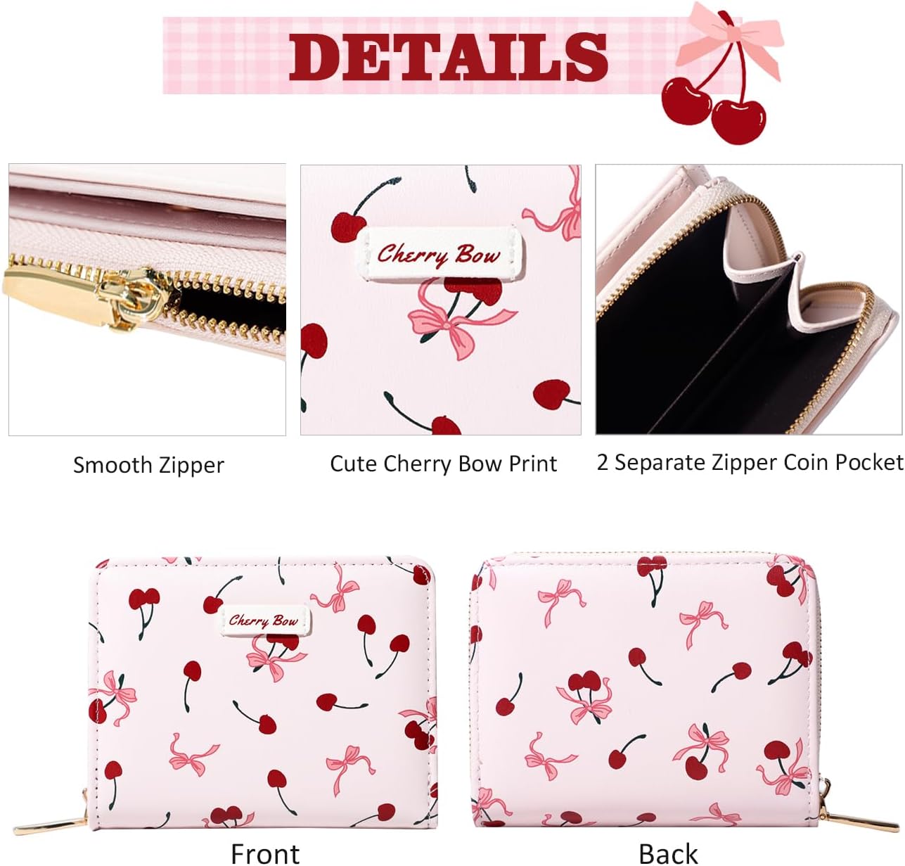 Sunwel Fashion Women Cute Print Wallets with Credit Card Slots ID Window & Zipper Coin Pouch (CHERRY BOW PINK) - Image 4
