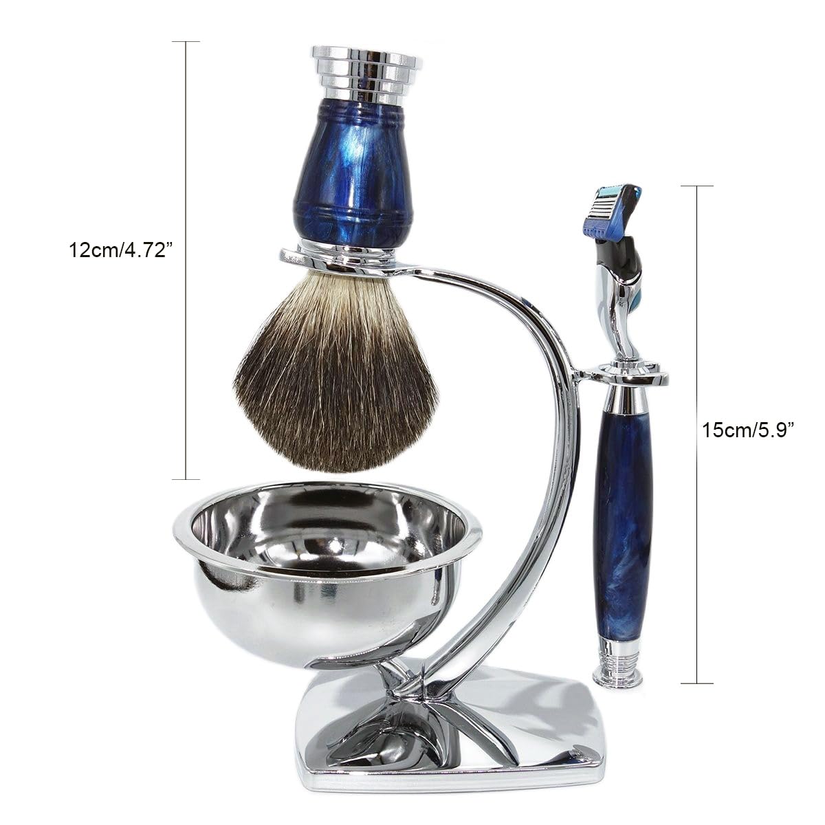 Juego de aseo de lujo para hombre, 5 cuchillas, compatible con maquinilla de afeitar, 100% pelo de tejón, cepillo de afeitar con mango marfil y base de soporte para jabón, diseño elegante,