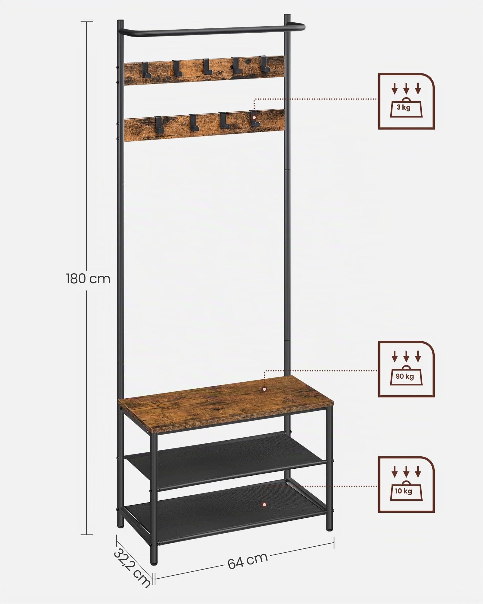 VASAGLE Perchero Zapatero, Perchero Recibidor, con Banco Zapatero, 9 Ganchos ExtraÍbles, Barra Superior, 32,2 x 64 x 180 cm, Entrada Dormitorio, Industrial, MarrÓn RÚstico y Negro HSR411B01