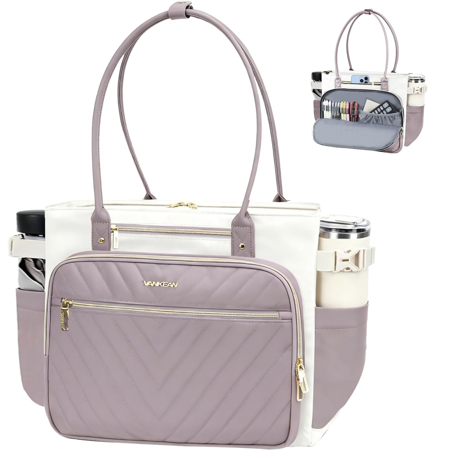 VANKEAN Torba na laptopa dla kobiet, 15,6 cala, wodoodporna torba na ramię, duża torba na ramię, do pracy, podróży służbowych, BEŻOWY/DUSTY PINK
