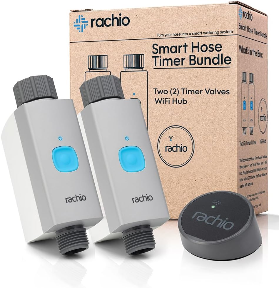 Rachio Smart Hose Timer (2 Valves + 1 WiFi Hub) – App-Controlled Outdoor Faucet Timer, Quick Install & Scheduling, Expandable System