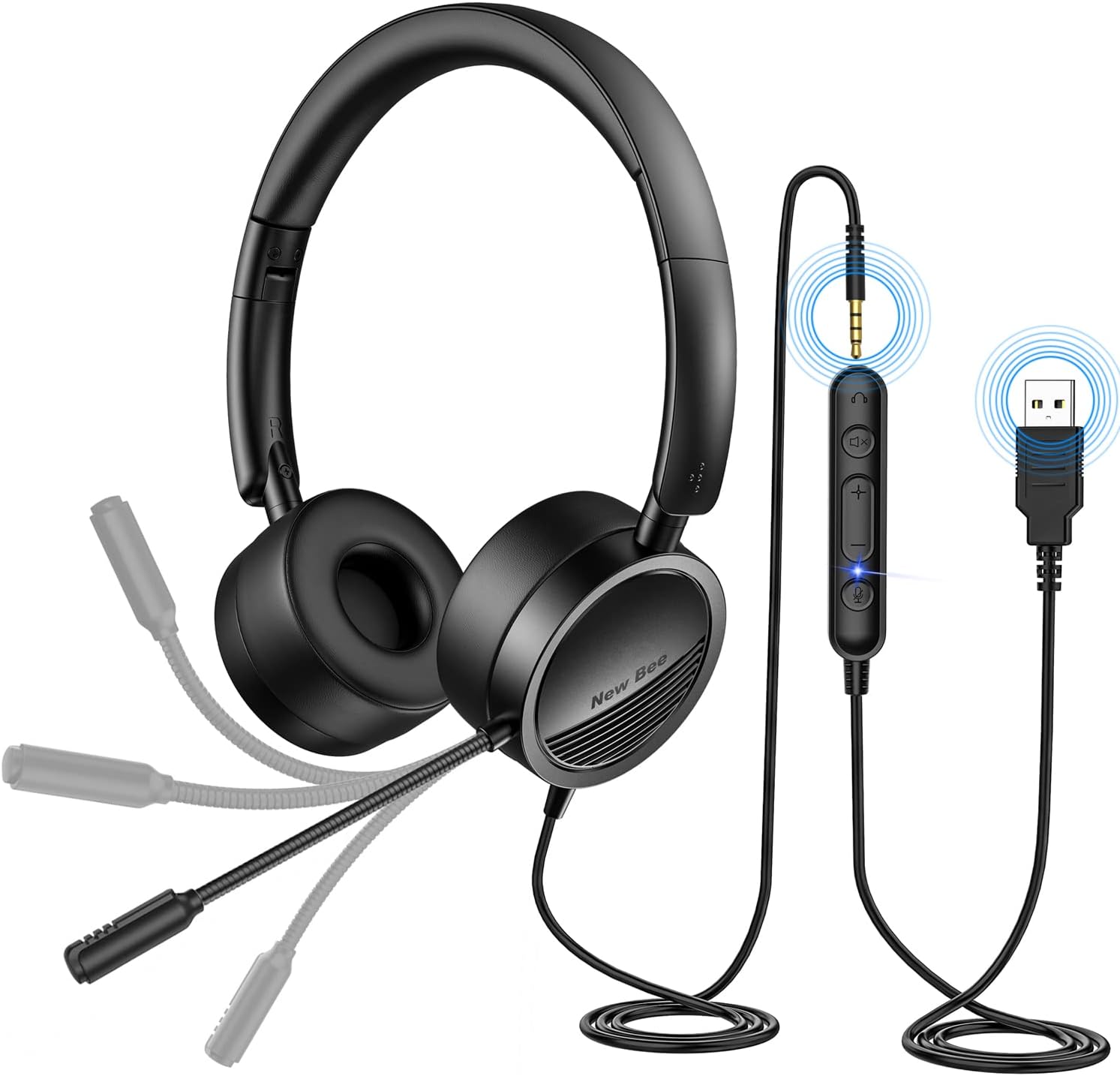 New bee [2 Pack] USB Headset with Mic for PC, On-Ear Computer Laptop Headphones with Noise Cancelling Microphone & USB-C Adapter for Home Office Online Class Skype Zoom (Black)