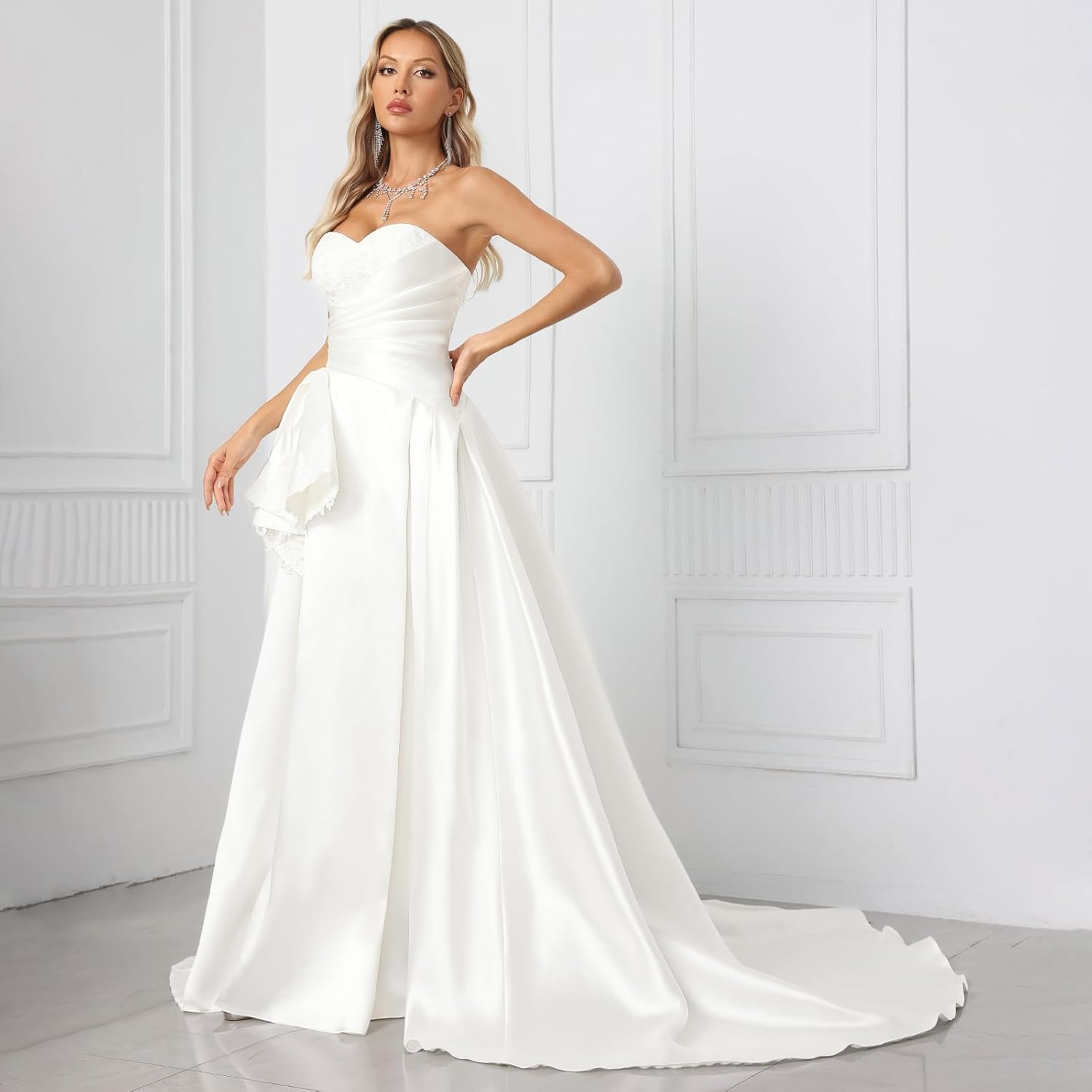 Off Shoulder Wedding Dress for Bride Sleeveless Ruched A-Line Bridal Gown with Long Train for Satin Engatement Wedding - Image 3