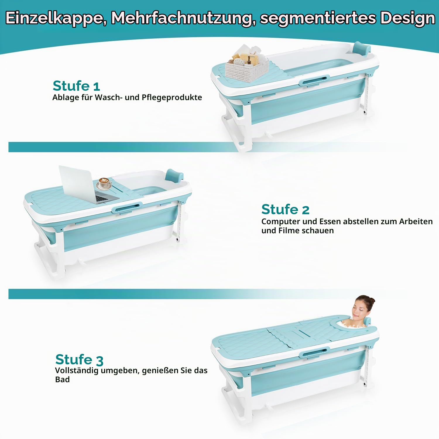 Ikodm Faltbare Badewanne Erwachsene - XXL 149x60x50cm, Klappbare mobile Badewanne mit Abdeckung, Massagerollen & Korb, Klappbadewanne für Badezimmer, Dusche und Balkon (Blau)