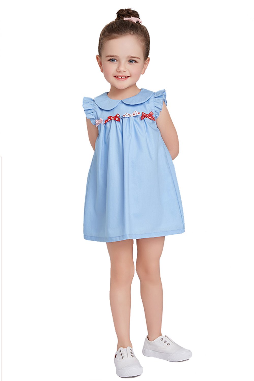Ding Dong Baby Kid Girl Lapel Bowknot Dress(Blue,2T)