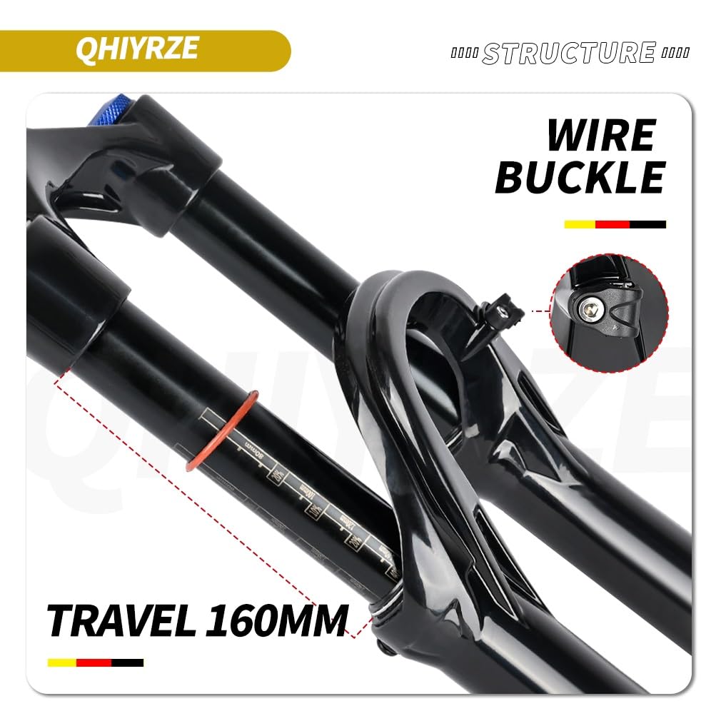 Horquilla de Bicicleta de montaña con suspensión neumática de 26/27,5/29", Recorrido de 160 mm, Eje pasante Delantero de 15x100 mm, Negra, Tubo de dirección cónico de 1-1/2", ajust