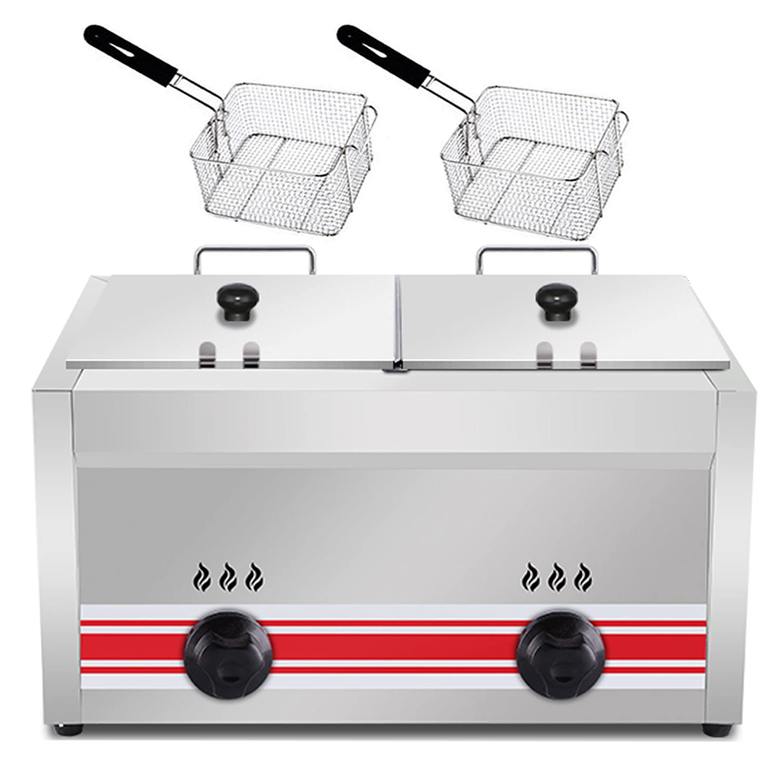 IUokLU Deep Fryer 20L Lpg Gas Fryer Adjustable Firepower Freestanding Temperature Control with 2 Stainless Steel Frying Baskets Stainless Steel Lpg Deep Fryer for Home Kitchen