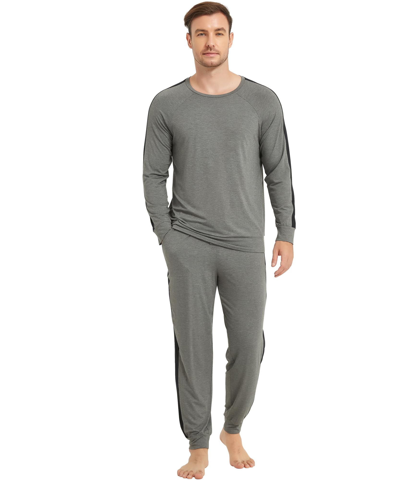 NACHILA Men's Pajamas-Viscose Made from Bamboo, Long Sleeve Pjs and Jogger Pants Pajama Sets Crew Neck Sleepwear with Pockets