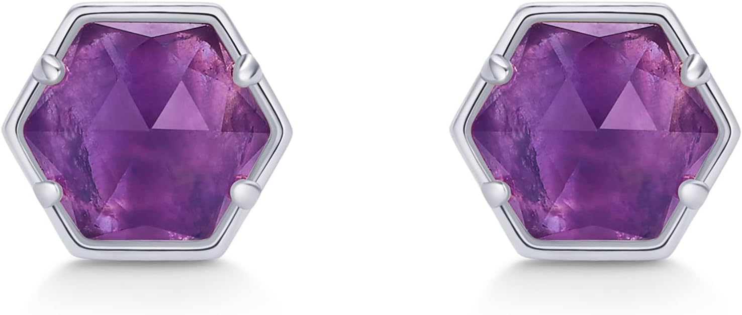 PAVOI 14K Gold Plated Hexagon Gemstone Stud Earrings for Women | Natural Birthstone Earring Pair - Image 3