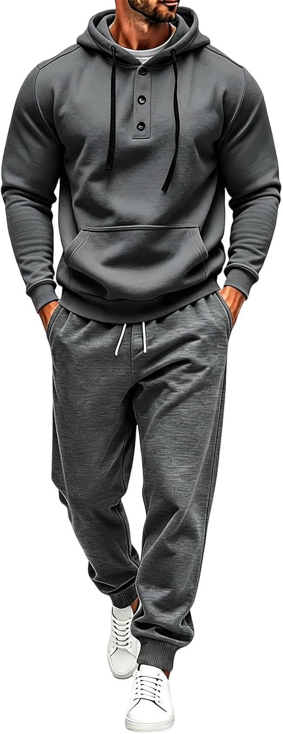 Men's Button Henley Hoodie Jogger Set Fleece Lounge Suit