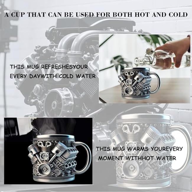 V8 Engine Coffee Mug - Piston Shaped Stainless Steel Cup 15oz | Gifts for Men, Car Enthusiasts & Fathers | Unique Car Lover Gift