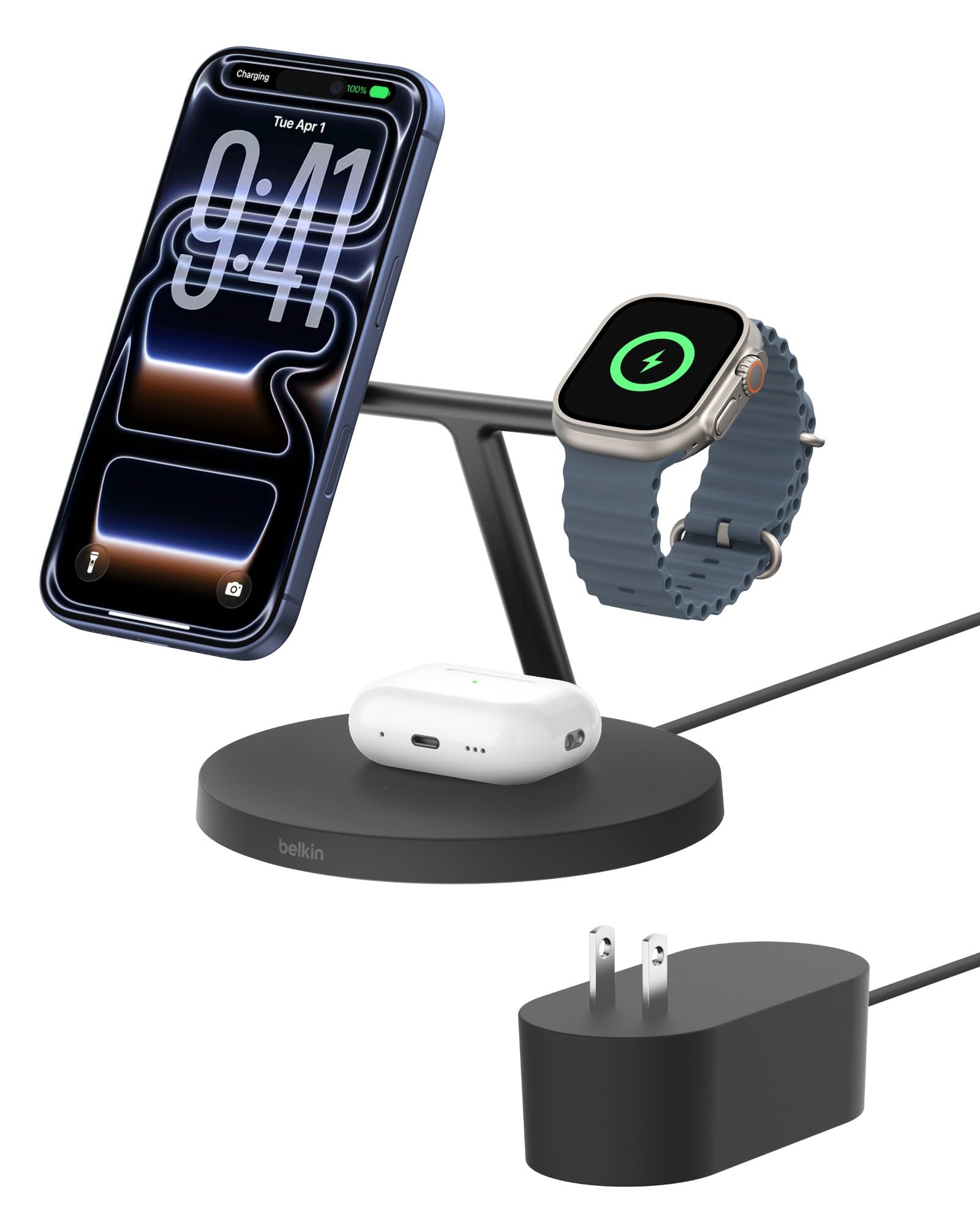 【美品】Belkin 3in1 MagSafe BoostCharge 充電 Belkin 3 in 1 MagSafe充電器 ワイヤレス充電器 ホワイト WIZ009dqWH