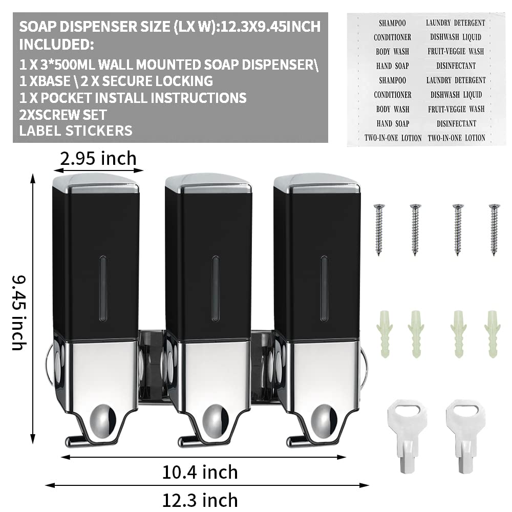 prosfalt 3 x 500ml per Cup Wall Mounted Manual Soap Dispenser for Home, Bath, Kitchen, Hotels, Restaurants. Shower and Lotion Dispenser (Black)