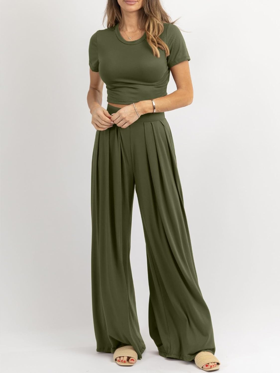 Womens 2 Piece Lounge Sets Summer Short Sleeve Crop Top Two Piece Outfit Wide Leg Palazzo Pants Set Matching Tracksuit - Image 3