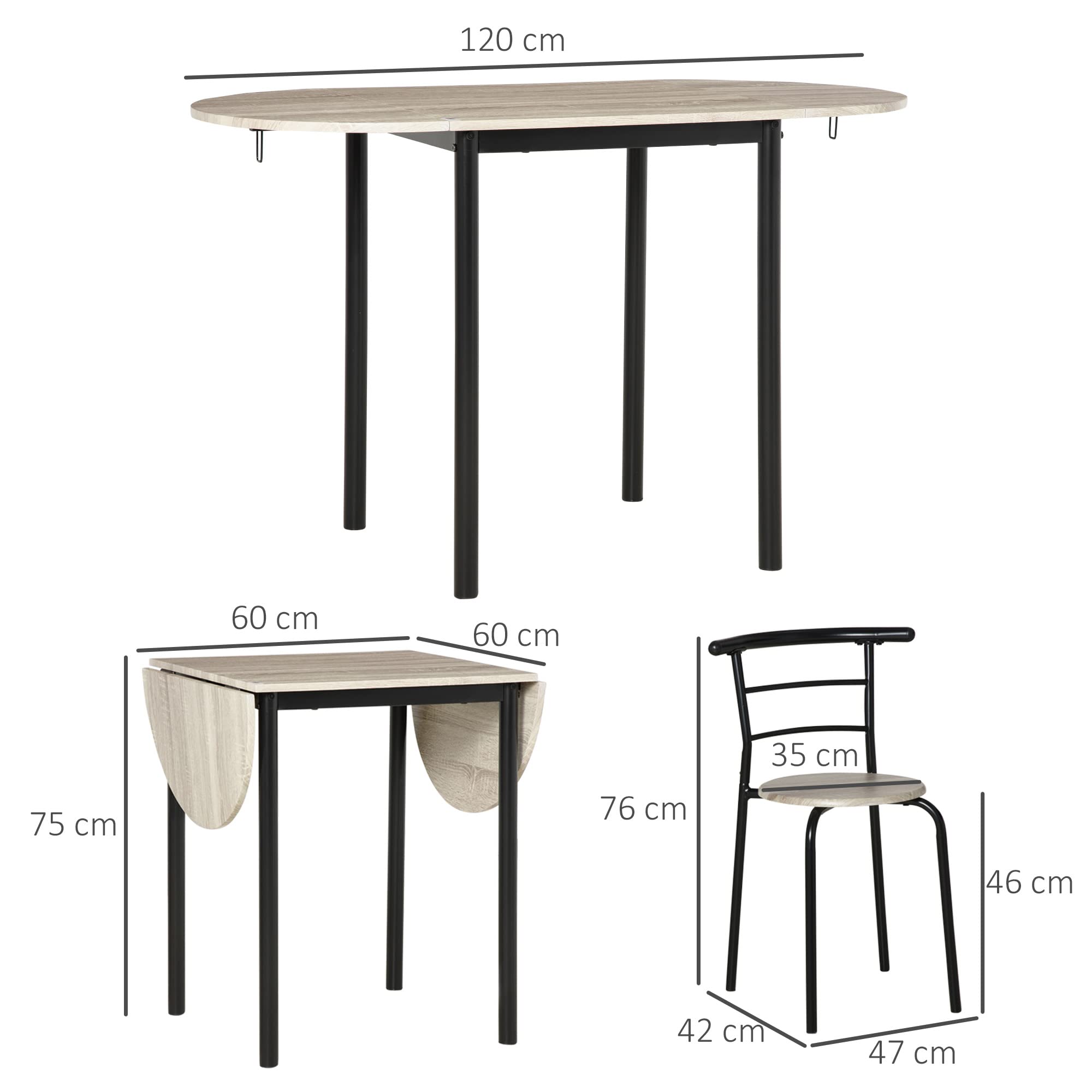 HOMCOM Set da Pranzo 3 Pezzi con 2 Sedie e 1 Tavolo da Pranzo Ovale in MDF e Acciaio per Spazi Limitati, Color Legno