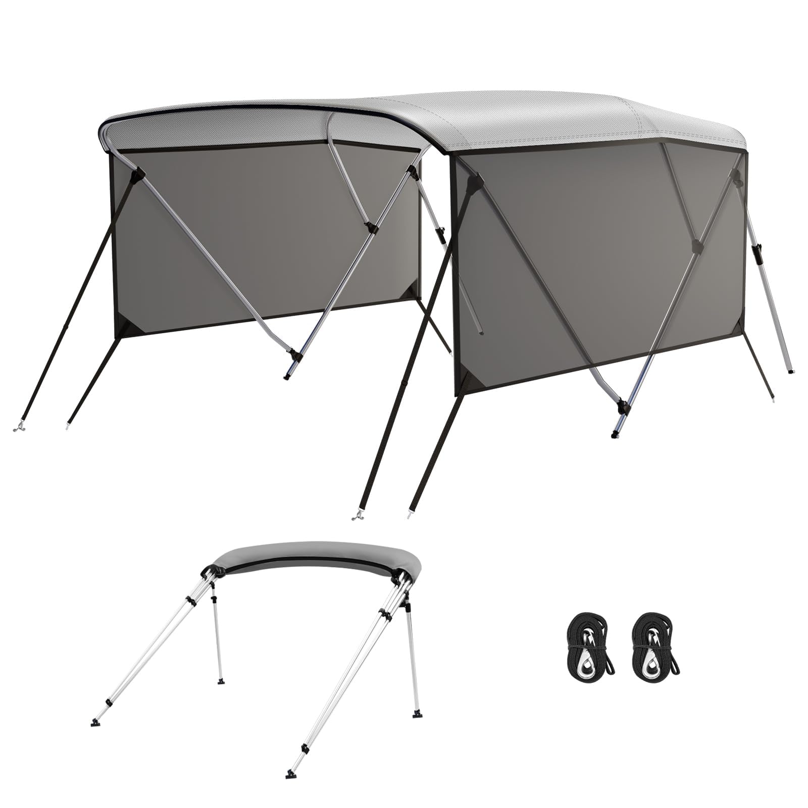 Garvee 3 Bow Bimini Top Boat Cover, Waterproof Sun Shade 600D Polyester Boat Canopy with 2.5cm Aluminum Frame, Mesh Sidewalls, Support Poles, Straps & Storage Bag 183L x 117H x 200-213W cm -Grey