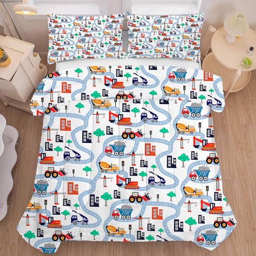 FUYEUN Cartoon Truck Comforter Set Twin: Construction Bedding Set for Boys Kids Children Bedroom Dorm White Cute Cars Quilt 1 Comforter + 1 Pillow Case