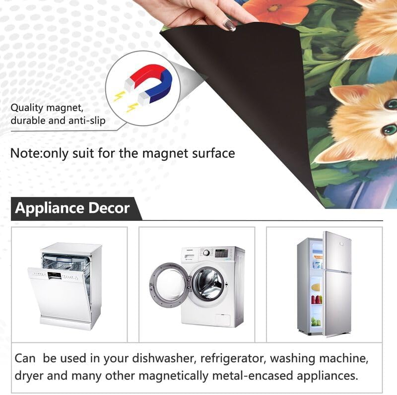 カラフルな花 遊び心のある猫 食器洗い機 磁気カバー 食器洗い機ステッカー キッチンキャビネット パネル ホームキッチン装飾 高さ2