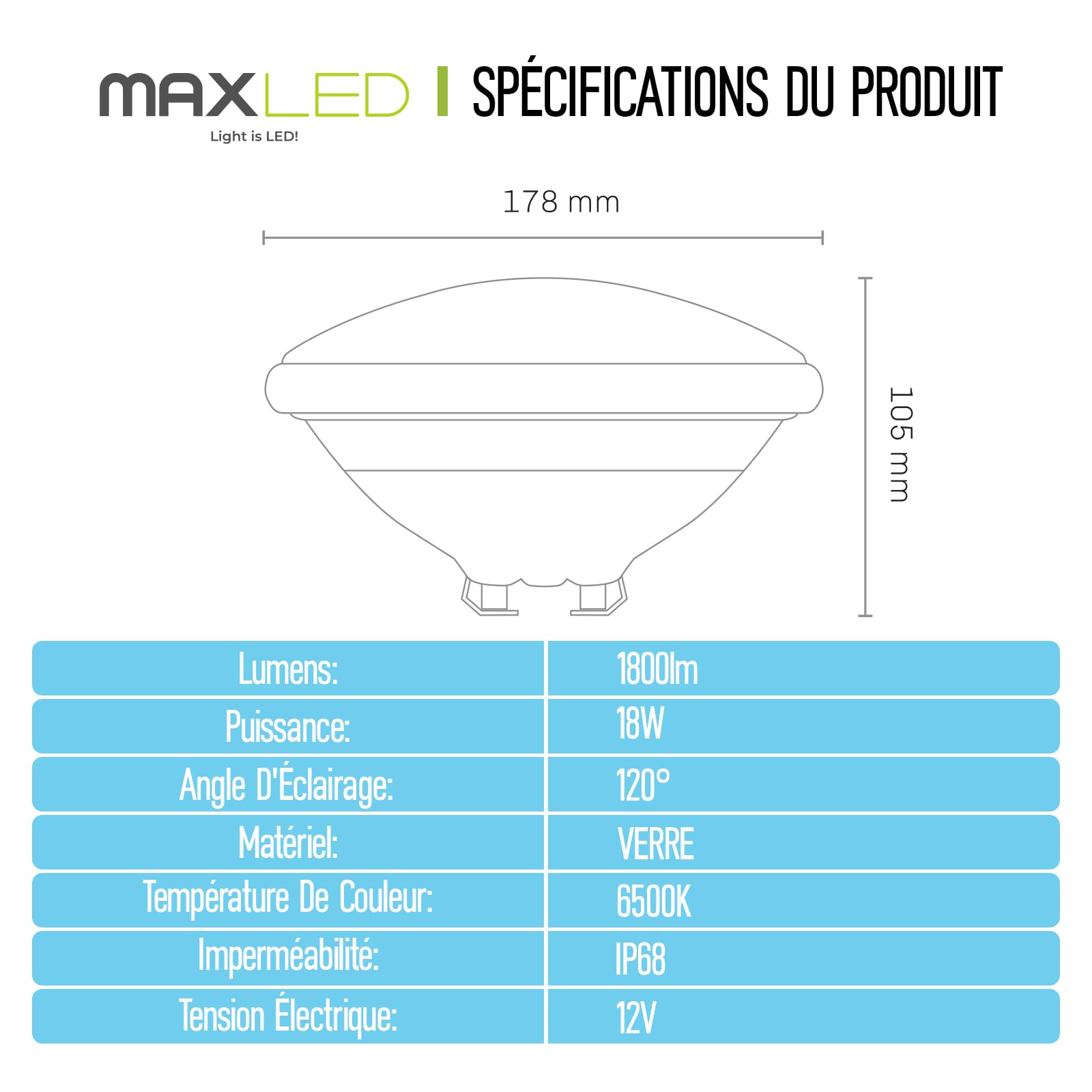 Éclairage LED pour Piscine Par56 18W Piscine Remplace Une Lampe Blanche 150W 6500K Piscine IP68 Étanche Sous L'eau 1800LM Projecteur pour Piscine Angle Rayonnement 120° CC 12V