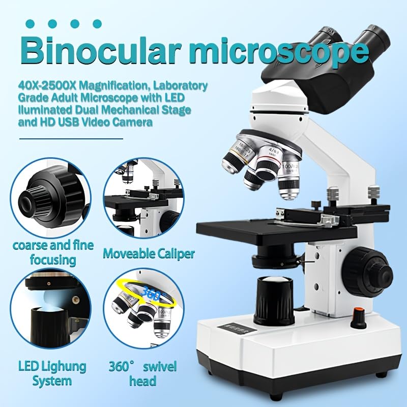 Image of Adult Student Compound Binocular Microscope - 40X-5000X High-Magnification Large-Field Professional Biological Microscope, Suitable for Schools, Laboratories, and Home Education