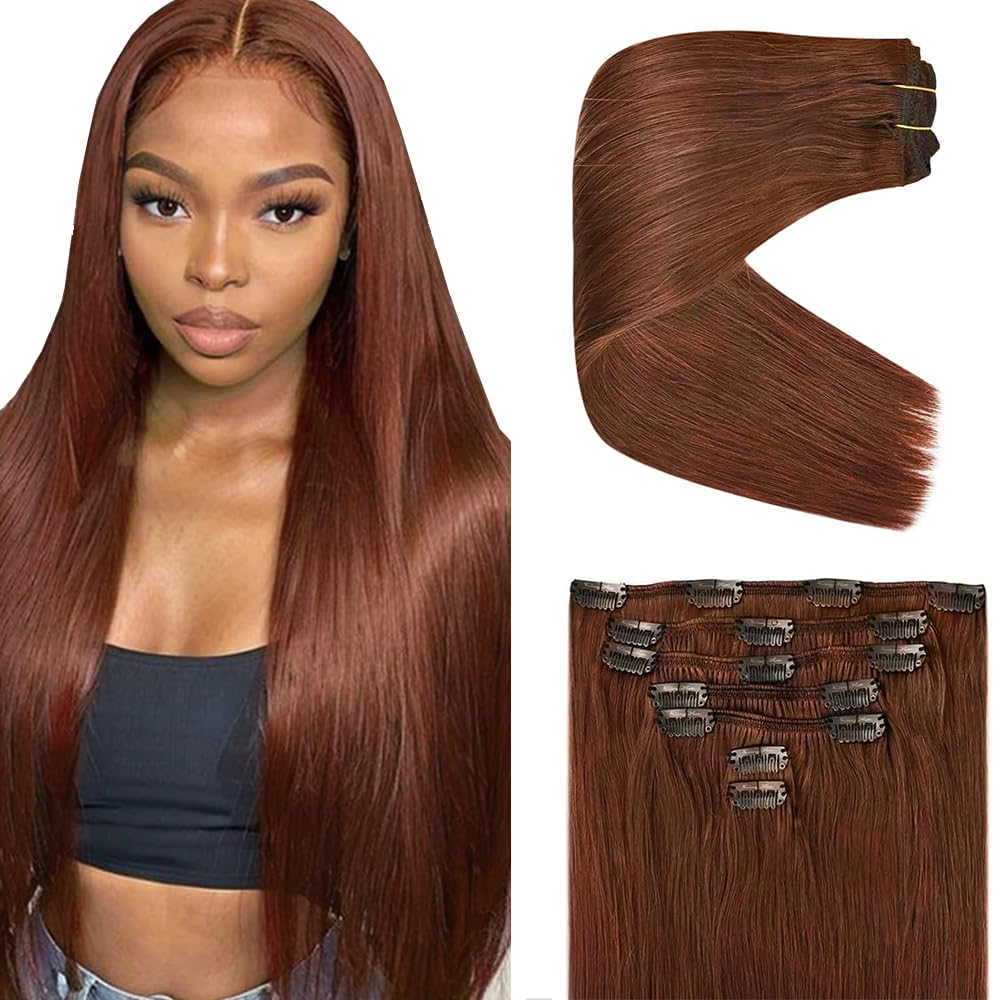 Photo 1 of #33 Auburn Brown Clip in Human Hair Extensions 12 Inch Reddish Brown Straight Clip in Seamless Extensions Human Hair Skin Weft Seamless Invisible Unprocessed Brazilian Virgin Remy Hair 120g
