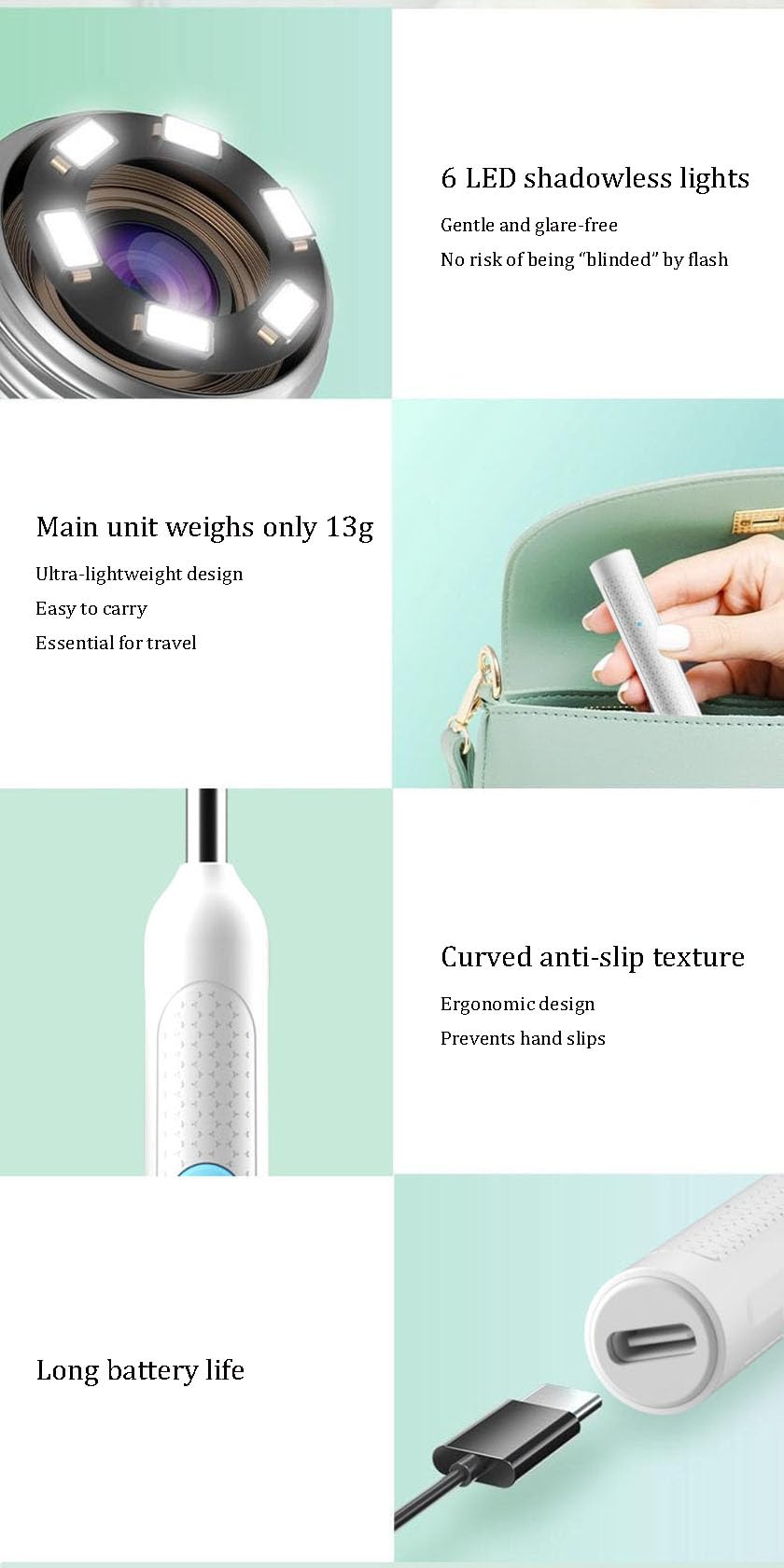 Telecamera intelligente HD per la pulizia dell'orecchio, otoscopio digitale wireless con 6 luci LED, obiettivo impermeabile IP67, design ultra leggero da 13 g, punte in silicone, lunga durata della