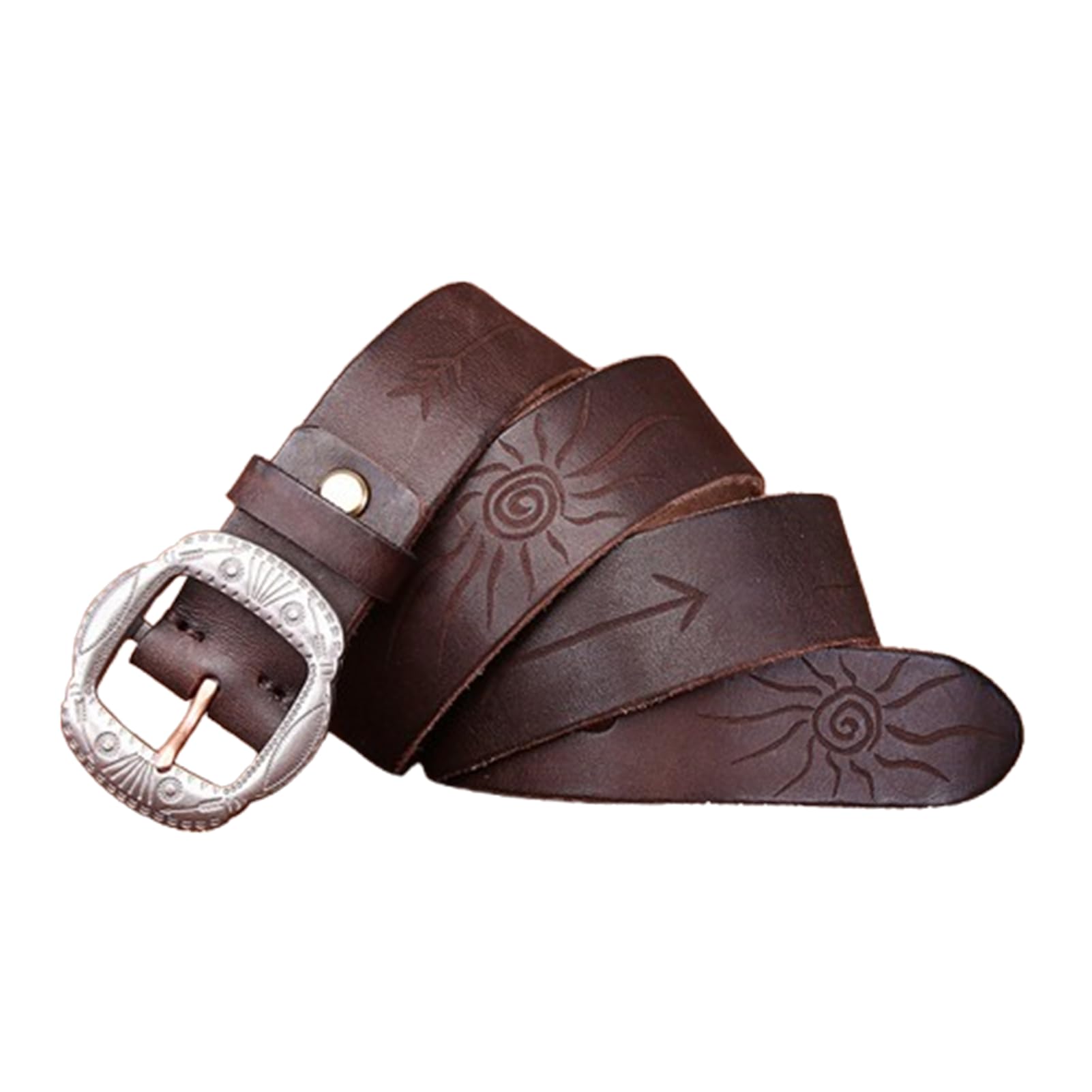 Cintura Da Uomo In Pelle Goffrata Vintage-western, Fibbia In Argento Anticato Con Motivo Floreale Inciso, Cinturino In Vita Effetto Invecchiato Country