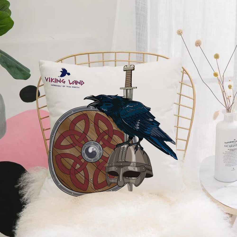 HYOSXW Cushion Cover,Throw Pillow Case Home Decorative for Living Room Bedroom Sofa Chair 16X16 Inch,Design with Nordic sword shield Viking helmet and sitting on it Raven isolated,Pillowcase 40X40cm