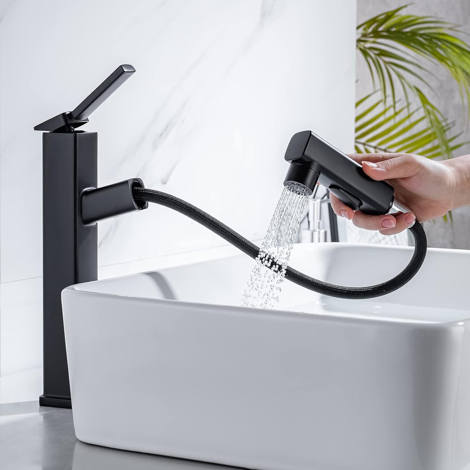 HANLIAN Single Handle Pull Out Bathroom Vessel Sink Faucet with Rotating Spout, Modern Single Hole Tall Bathroom Faucet with Pull Down Sprayer, One Hole High Bathroom Sink Faucet Black with 3 Modes