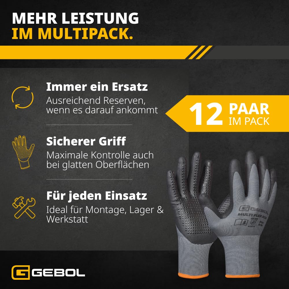 Gebol Multi Flex Eco Lot de 12 paires de gants de travail pour homme avec picots en micro-mousse nitrile, gants respirants pour montage et atelier, poignée antidérapante, taille L (9)